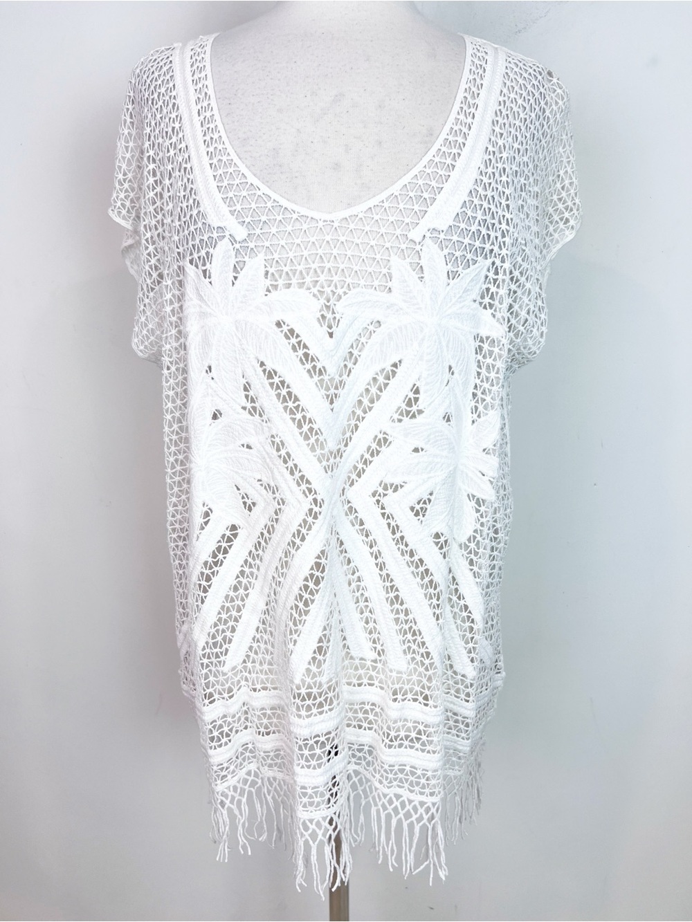 SEAFOLLY AUSTRALIA WHITE LACE CROCHET COVER UP FRINGE HEM BEACH EDIT CAFTON O/S